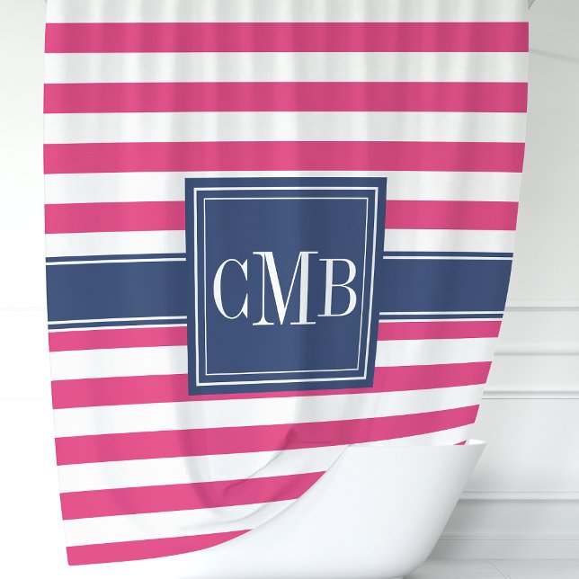 Rideaux De Douche Monogramme nautique rayures rose et marine (Créateur téléchargé)