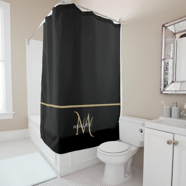 Rideaux De Douche Monogramme noir et or Élégance Luxueuse (En situation)