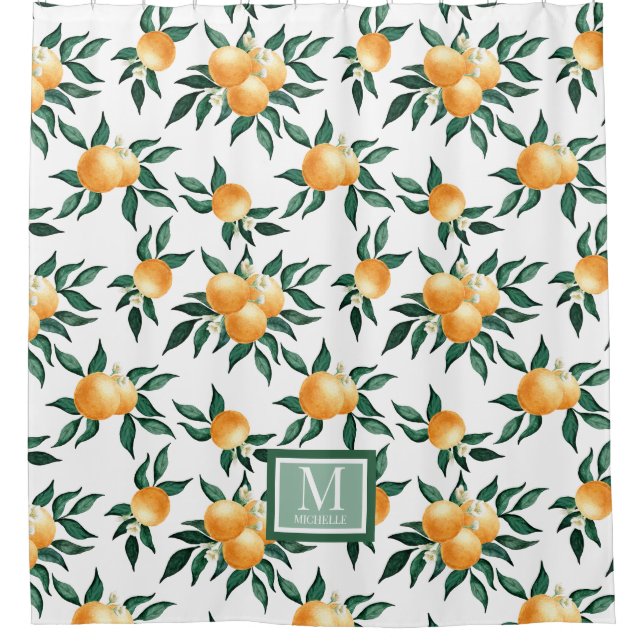 Rideaux De Douche Monogramme Nom Aquarelle Citron Orange (Devant)