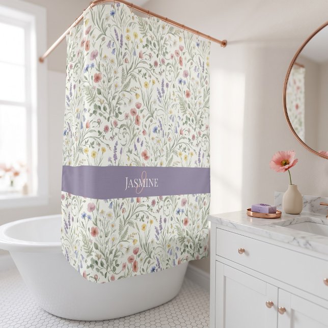 Rideaux De Douche Monogramme Nom Fleur Sauvage Boho Lavande Coquelic (Créateur téléchargé)