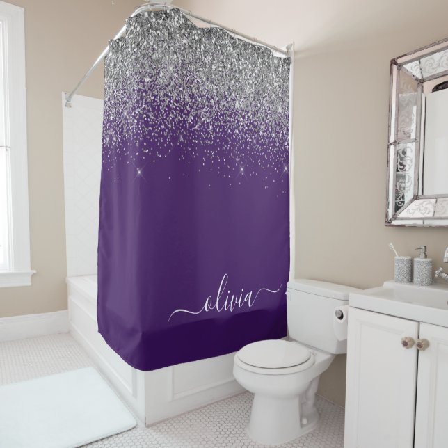 Rideaux De Douche Monogramme Nom Paillettes Argent Violet Fille (En situation)