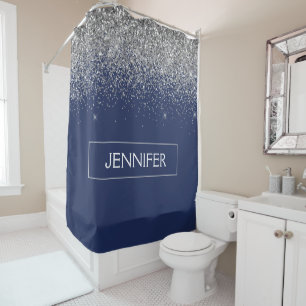 Rideaux De Douche Monogramme Nom Paillettes Bleu Marine Argenté Fémi