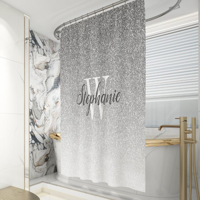 Rideaux De Douche Monogramme Ombré Pailleté Argent Élégant (Créateur téléchargé)