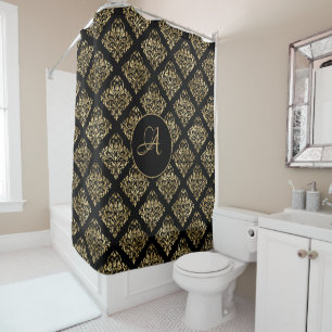 Rideaux De Douche Monogramme Or Doré Sur Fond Noir