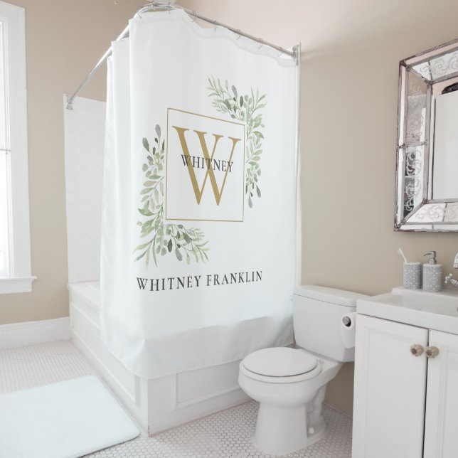 Rideaux De Douche Monogramme Or moderne Eucalyptus Vert (En situation)