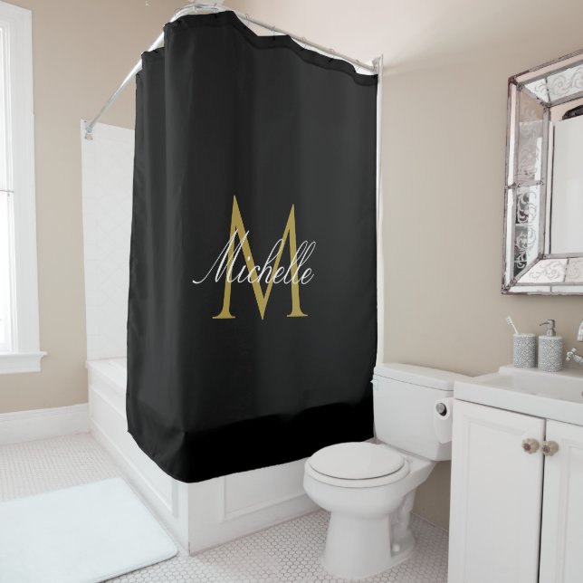 Rideaux De Douche monogramme or noir (En situation)