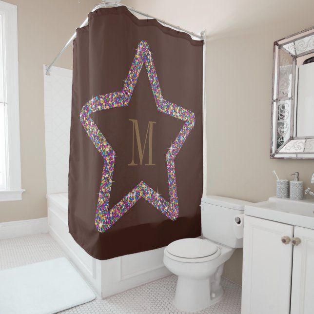 Rideaux De Douche Monogramme pailleté étoile marron élégant  (En situation)