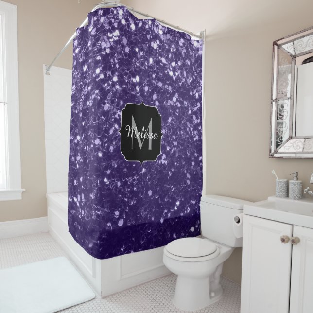 Rideaux De Douche Monogramme pailleté violet ultra foncé scintillant (En situation)