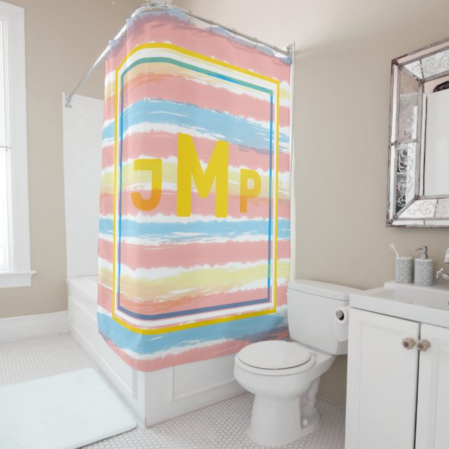 Rideaux De Douche Monogramme Pastel Rose Bleu Jaune Rayures (En situation)