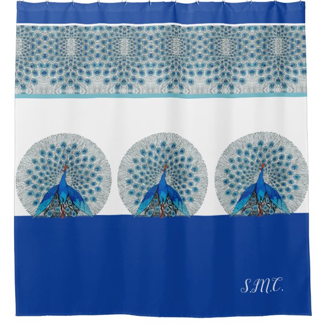 Rideaux De Douche Monogramme Peacock Turquoise bleu et blanc Monogra (Devant)