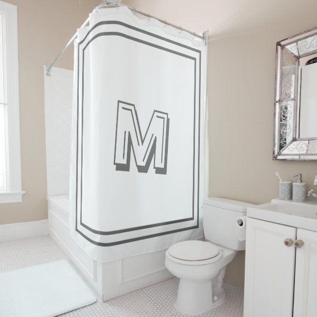 Rideaux De Douche Monogramme personnalisé avec écriture rétro grise  (En situation)