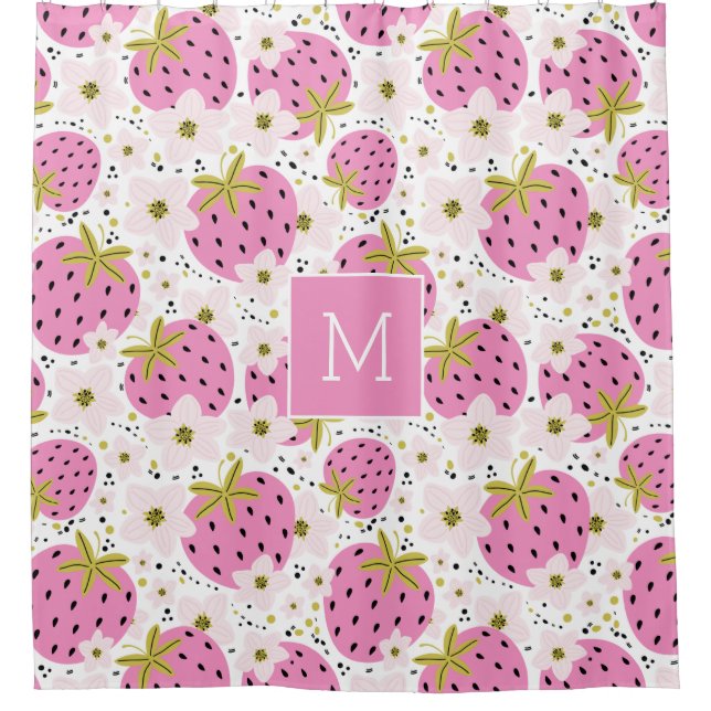 Rideaux De Douche Monogramme personnalisé de fraises roses (Devant)