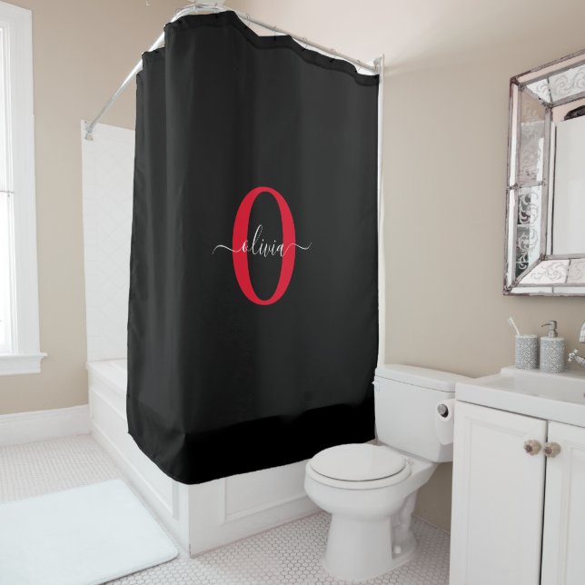 Rideaux De Douche Monogramme personnalisé Nom du script Noir Blanc R (En situation)