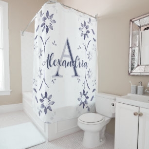 Rideaux De Douche Monogramme personnalisé nom floral bleu