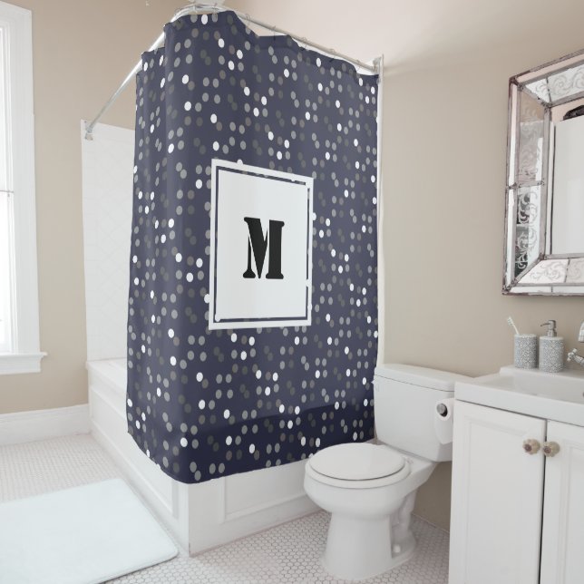 Rideaux De Douche Monogramme Pois gris moderne (En situation)