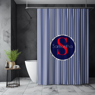 Rideaux De Douche Monogramme rayé élégant bleu marine rouge