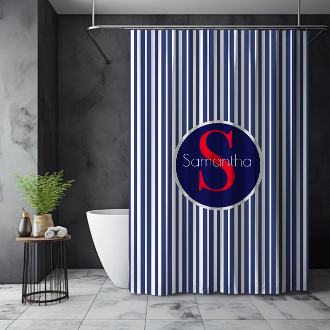 Rideaux De Douche Monogramme rayé élégant bleu marine rouge (Créateur téléchargé)