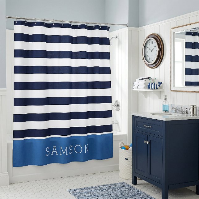 Rideaux De Douche Monogramme Rayures Bleues et Nuit (Créateur téléchargé)