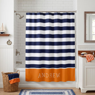 Rideaux De Douche Monogramme rayures orange et marine