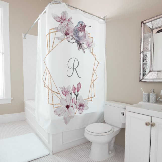 Rideaux De Douche Monogramme rose blanc Magnolias Bird Gold Frame (En situation)