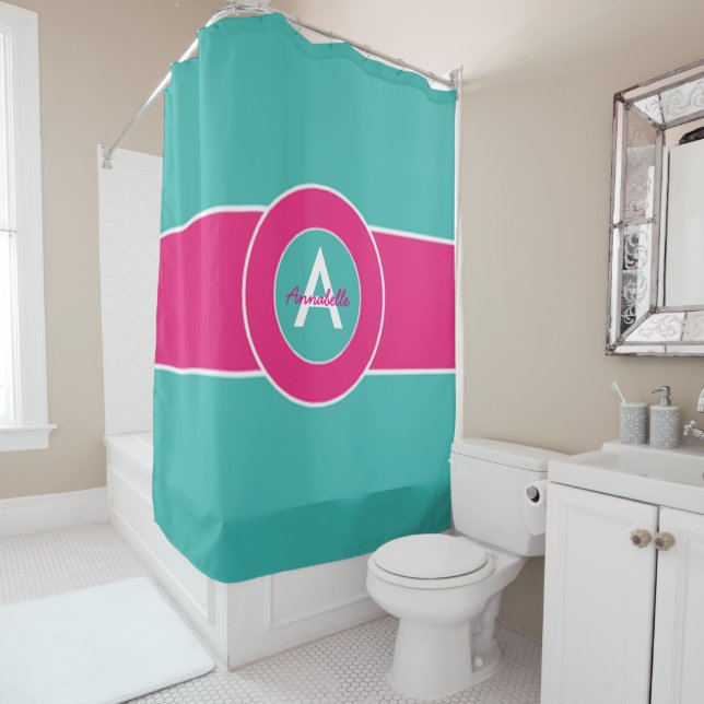 Rideaux De Douche Monogramme rose chaud turquoise personnalisé (En situation)