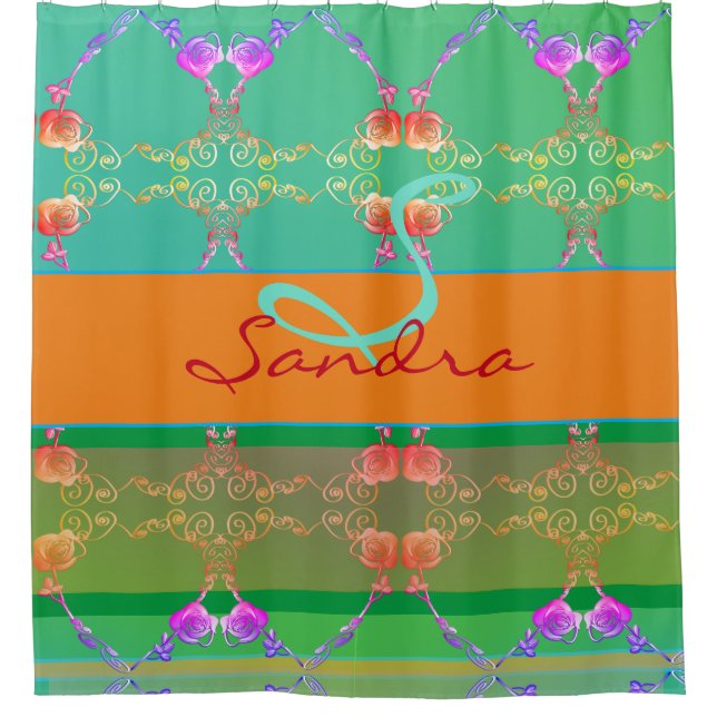 Rideaux De Douche Monogramme Rose Coeur Apricot turquoise et mousse (Devant)