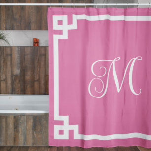 Rideaux De Douche Monogramme rose et blanc Bordure clé grecque