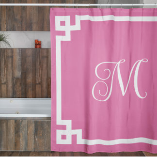 Rideaux De Douche Monogramme rose et blanc Bordure clé grecque