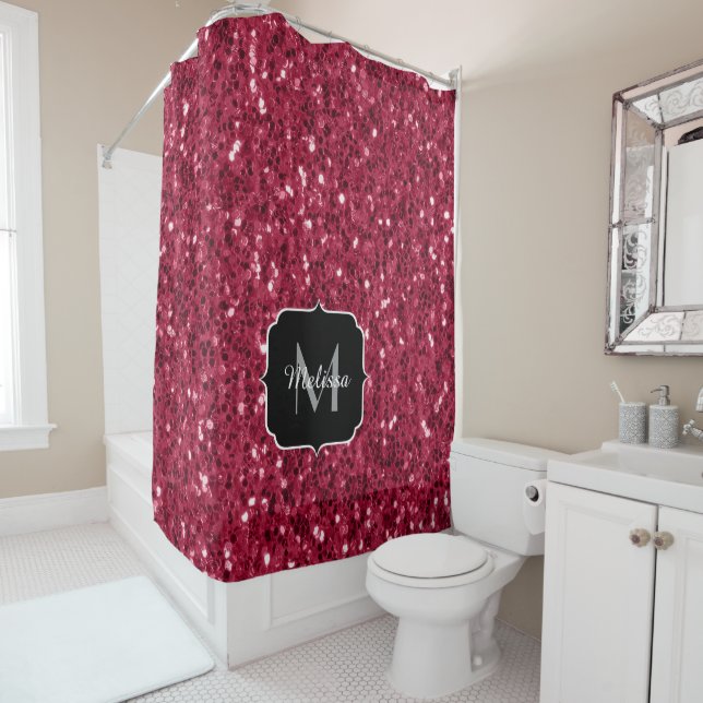 Rideaux De Douche Monogramme rose foncé magenta faux scintillants (En situation)