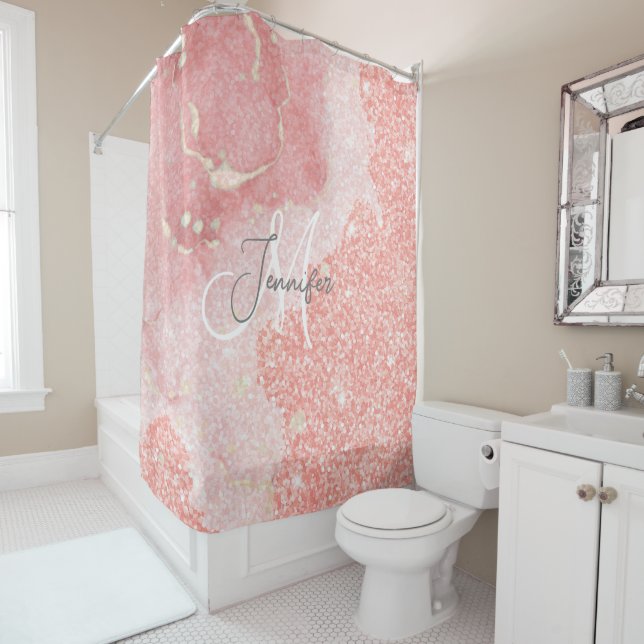 Rideaux De Douche Monogramme rose Parties scintillant rose (En situation)