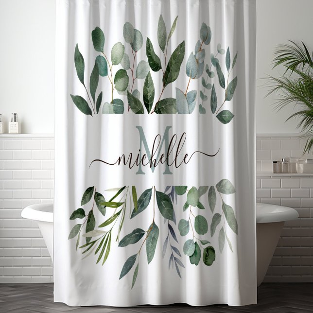 Rideaux De Douche Monogramme Sage Green Eucalyptus Feuilles de verdu (In situ)