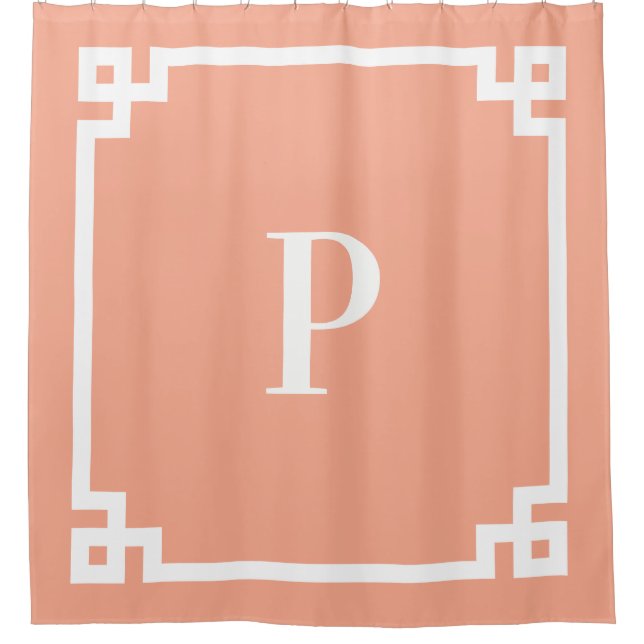 Rideaux De Douche Monogramme simple clé grecque blanche et pêche (Devant)