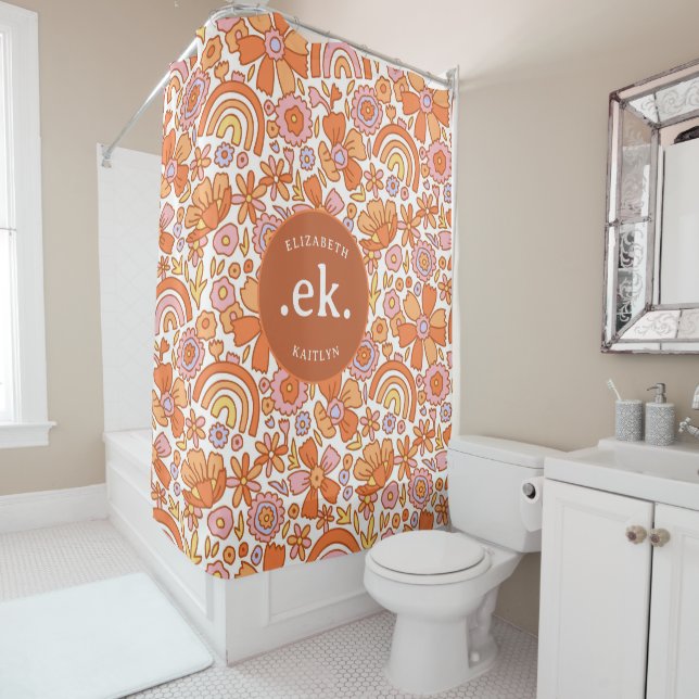 Rideaux De Douche Monogramme super Retro Orange Florals (En situation)