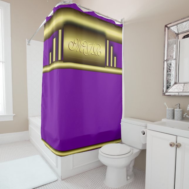 Rideaux De Douche Monogramme sur l'or de luxe art déco et le violet  (En situation)