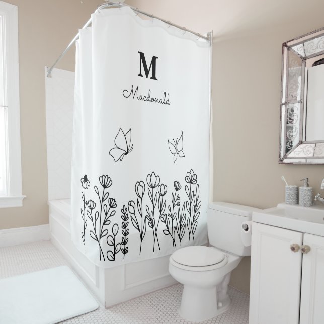 Rideaux De Douche Monogramme sur mesure de l'art de la ligne florale (En situation)
