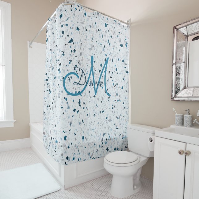 Rideaux De Douche Monogramme Terrazzo Bleu Vert Turquoise Blanc Gris (En situation)