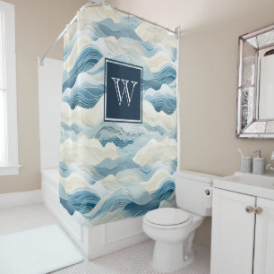 Rideaux De Douche Monogramme Tranquille Motif de vague bleu et blanc