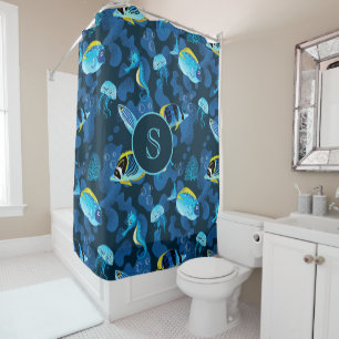 Rideaux De Douche Monogramme Tropical Blue Yellow Fishes Illustratio