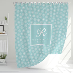 Rideaux De Douche Monogramme Turquoise Aqua Blue Snowflakes Côtier