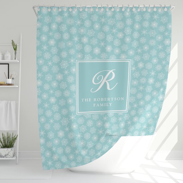 Rideaux De Douche Monogramme Turquoise Aqua Blue Snowflakes Côtier (Créateur téléchargé)