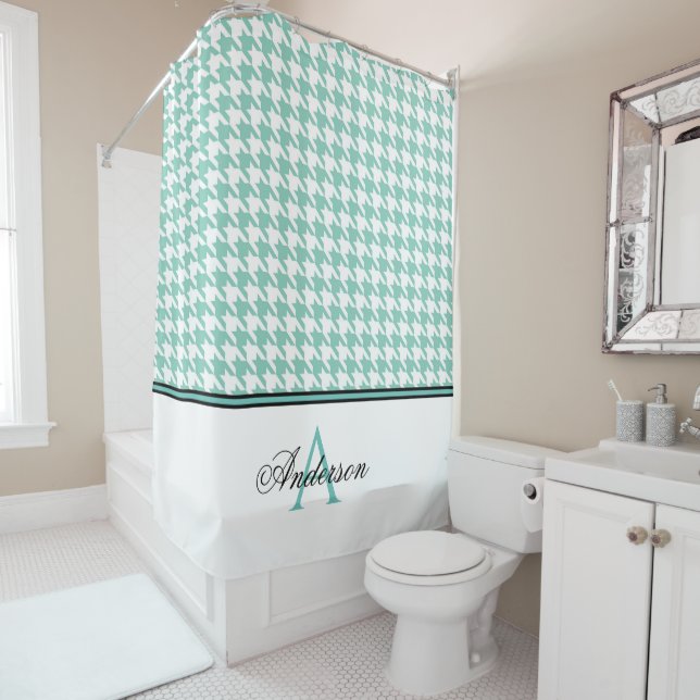 Rideaux De Douche Monogramme turquoise Houndstooth (En situation)