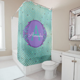 Rideaux De Douche Monogramme turquoise vert et mauve de sirène