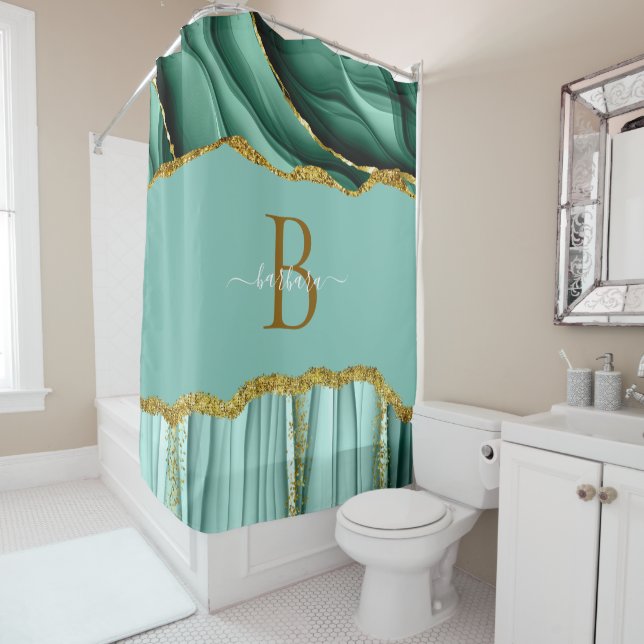 Rideaux De Douche Monogramme Vert Élégant en Agate Nom en écriture d (En situation)