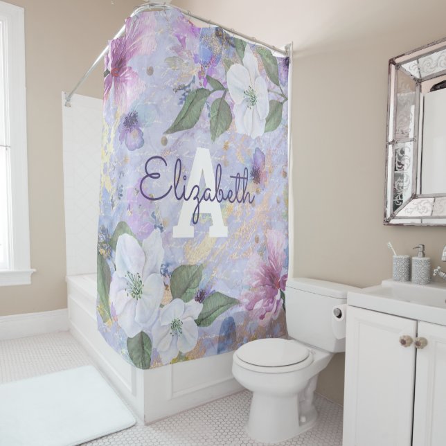 Rideaux De Douche monogramme vintage d'aquarelle bleu violet (En situation)