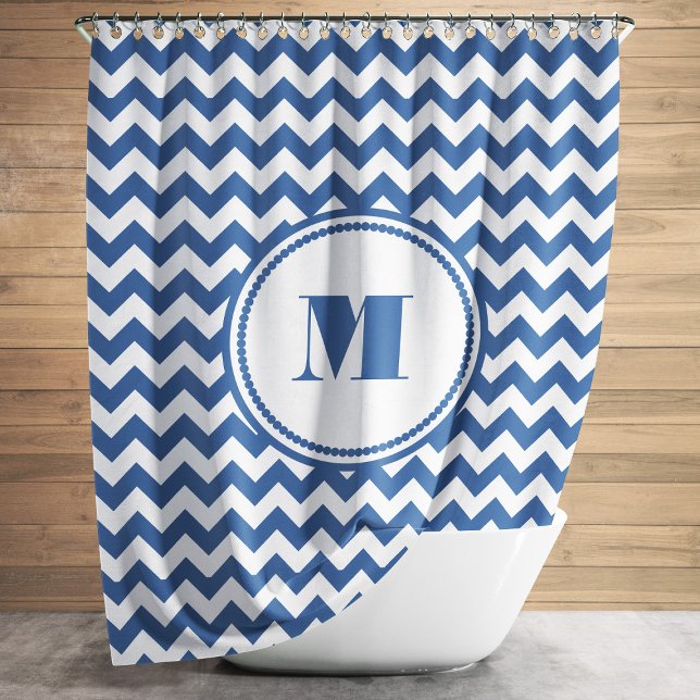 Rideaux De Douche Monogrammed Blue White Striped Chevron Pattern (Modern Monogram Blue Striped Chevron Pattern Shower Curtain)