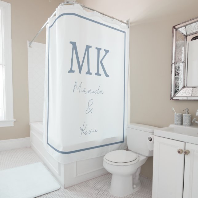 Rideaux De Douche Monogrammes Bleu Poussiéreux Blanc Moderne Tendanc (En situation)
