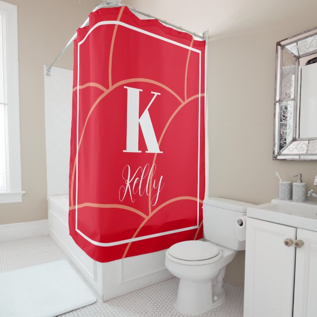 Rideaux De Douche Monogrammes Nom Orange Red White Retro Motif (En situation)