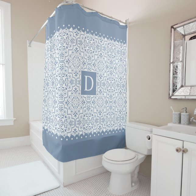 Rideaux De Douche Monographie des bordures de châle bleu foncé (En situation)