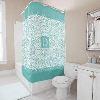 Rideaux De Douche Monographie des bordures turquoises en damas bleu 
