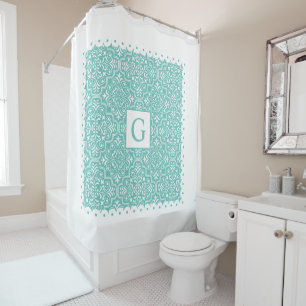 Rideaux De Douche Monographie des bordures turquoises en damas bleu
